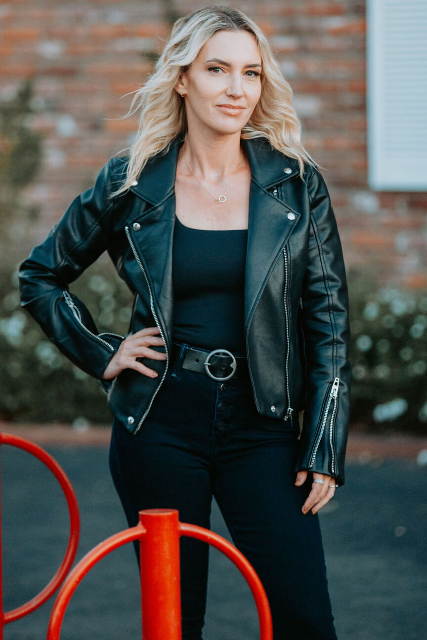 Jaquelyn Wahidi, Personal Stylist in a leather jacket